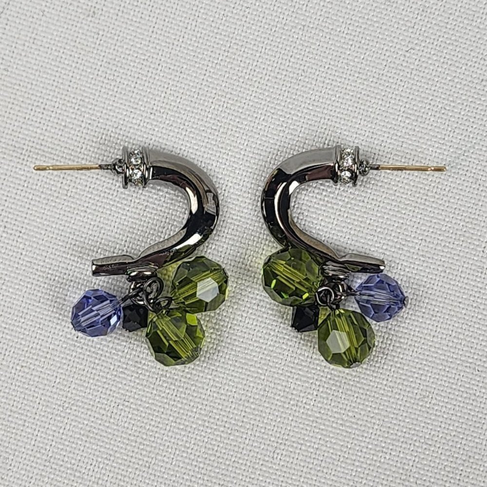 Black Metallic Green Beaded Dangle Hoop Earrings